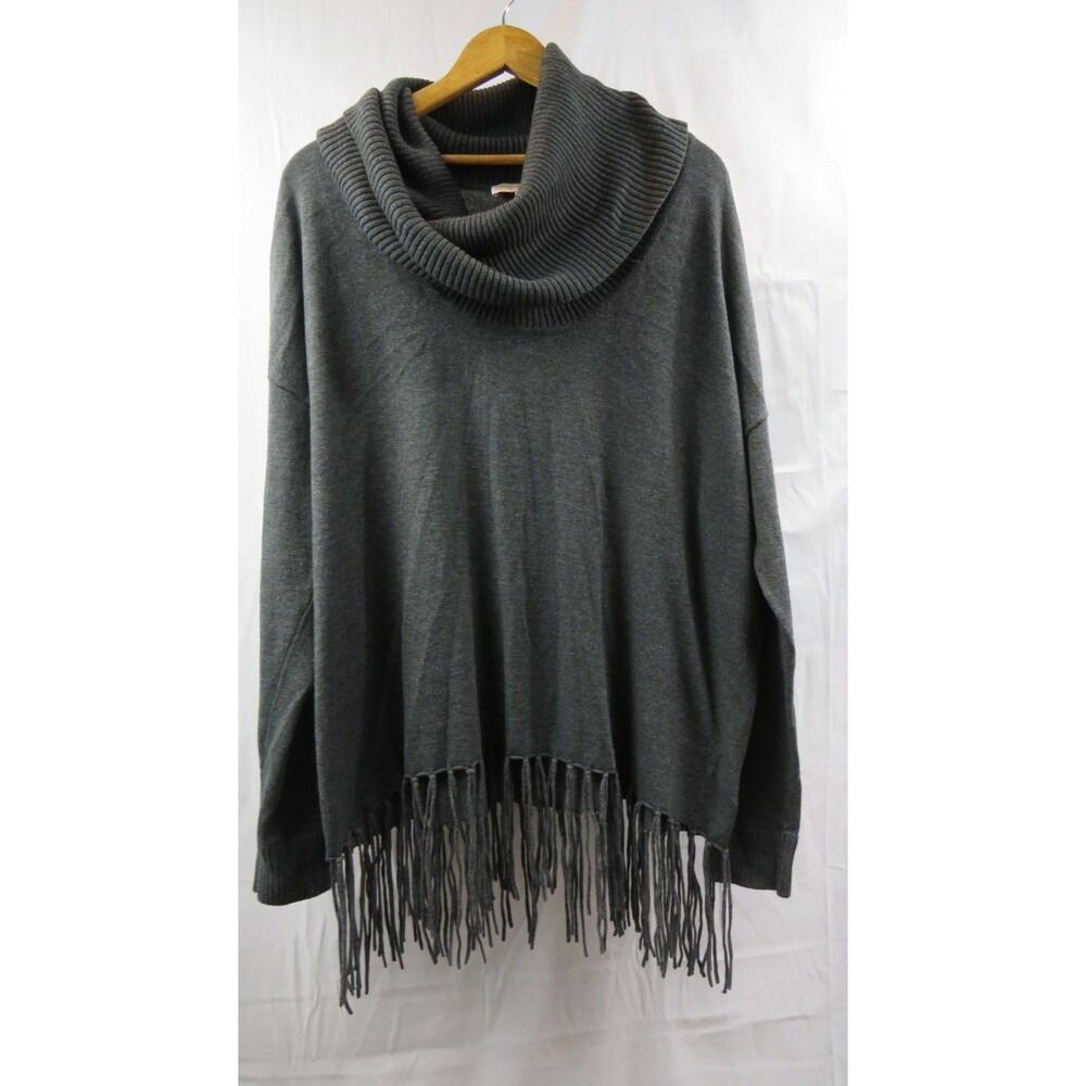Michael Kors Cowl Neck Fringe Hem Knit Sweater Size XL Charcoal Gray